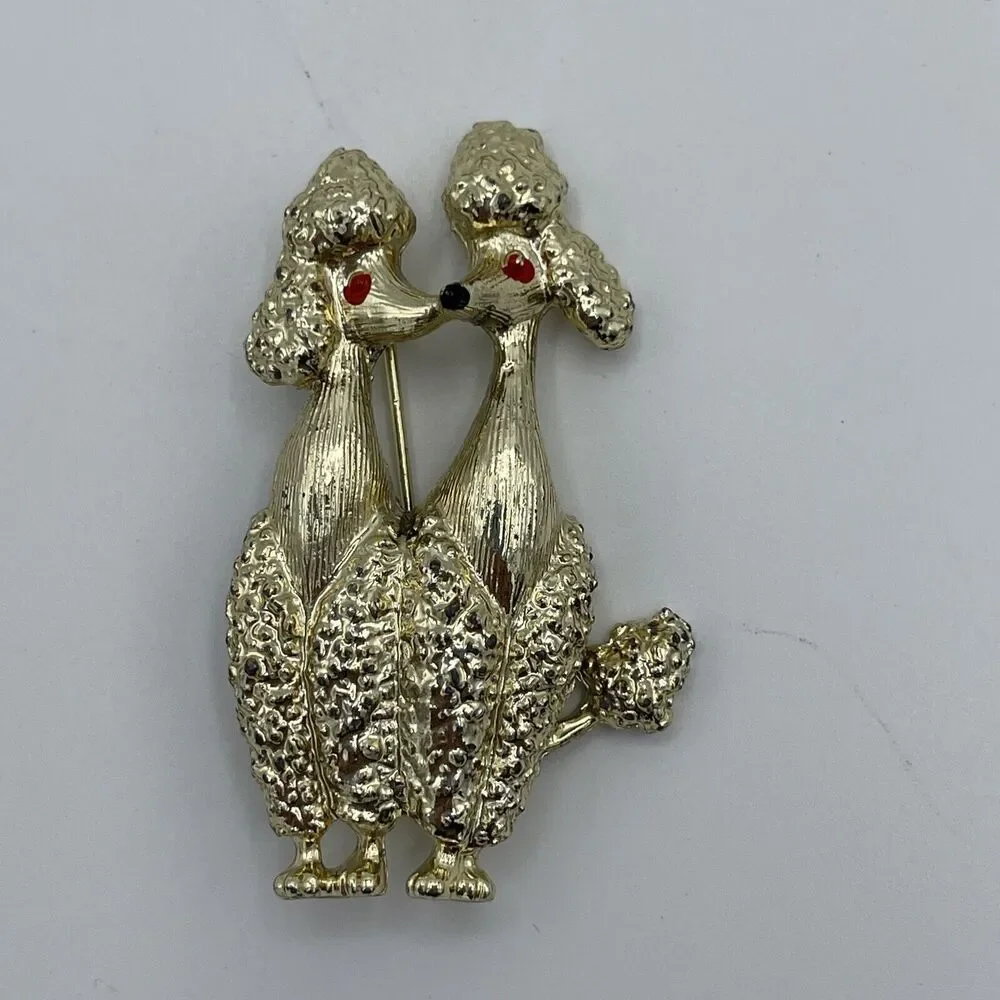 Vintage Gold Tone Nose Kissing Poodles Brooch